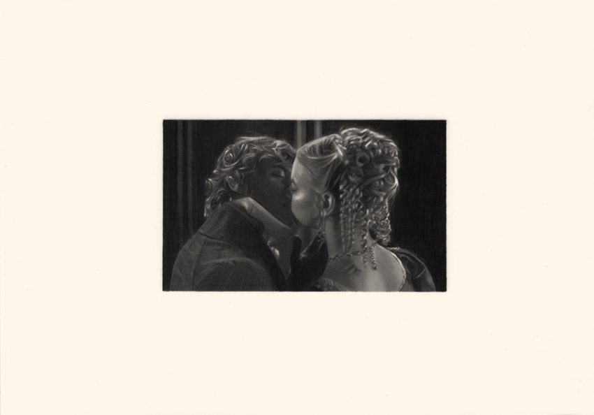 drawing of man and woman kissing