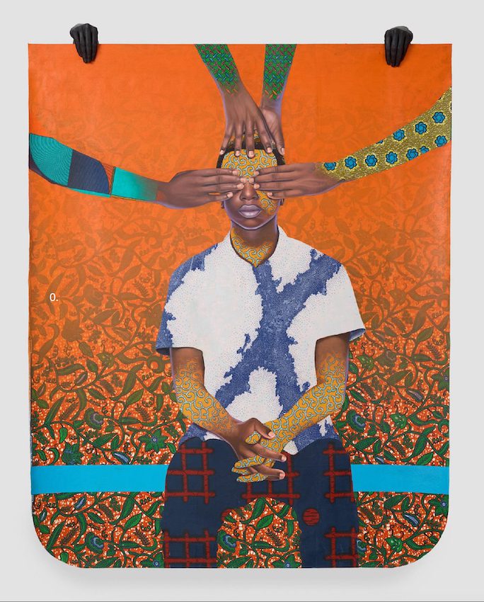 Patrick Quarm, Make you no see, 2022, 1 layer mixed media, oil and acrylic paint on African print fabric, sculptural resin arms, 72 x 54 in 182.9 x 137.2 cm PATRICK QUARM Make you no see, 2022 1 layer mixed media, oil and acrylic paint on African print fabric, sculptural resin arms 72 x 54 in 182.9 x 137.2 cm © Patrick Quarm Photo: Chris Gardner Courtesy the artist