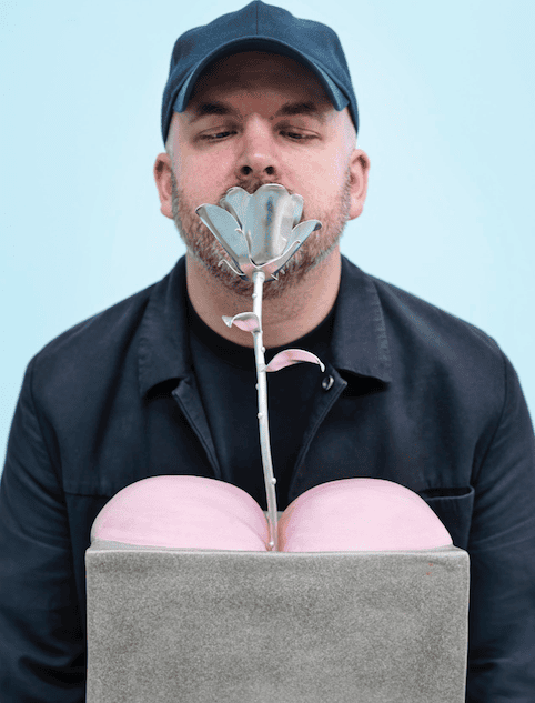 Image shows artist Jonathan Baldock with sculpture