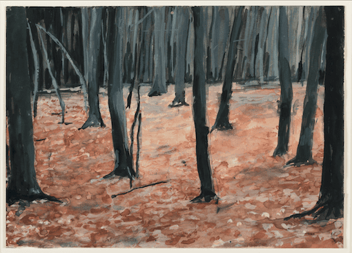 Image shows painting by Anselm Kiefer (b. 1945)
Wald (Forest)
, 1973–74
Watercolour on paper, 17 x 24 cm
Hall Collection. Courtesy of the Hall Art
Foundation. © Anselm Kiefer. Photo: Adam Reic