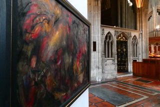 Image shows painting by Chantal Meza, Visceral Ecologies XI at St Mary's Church in Redcliffe Bristol