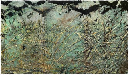 Image shows Anselm Kiefer, Nevermore, 2014. Emulsion, oil, acrylic, shellac, gold leaf and sediment of electrolysis on canvas, 330 x 570 cm. Courtesy Eschaton Foundation. Photo: Charles Duprat. © Anselm Kiefer