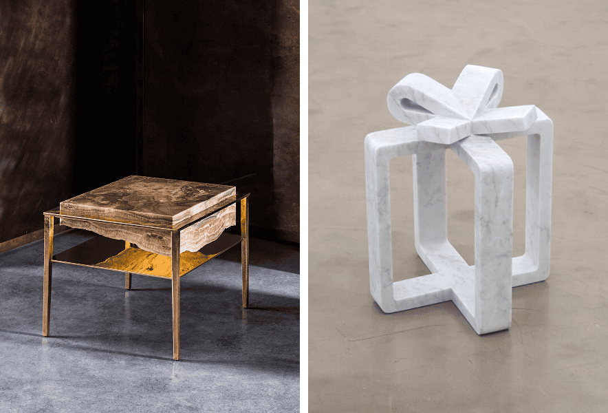 Gianluca Pacchioni, Cremino, 2019, Side tables, bronze, brass, grey onyx, one off, H 17.7 x L 18.8 x P 18.8 in/ Mircea Cantor, Future Gift, 2014, sculptures, white Carrare marble, H 19.2 x L 15.7 x P 15.7 in
