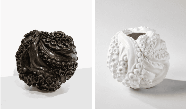 Jean-Christophe Malaval, Atlantis, 2021. Ceramic vase, numbered 1/20, H 8.2 x D 9.4 in / Jean-Christophe Malaval, Atlantis, 2021. Patined bronze vase, numbered 2/8, H 8.2 x D 9.4 in