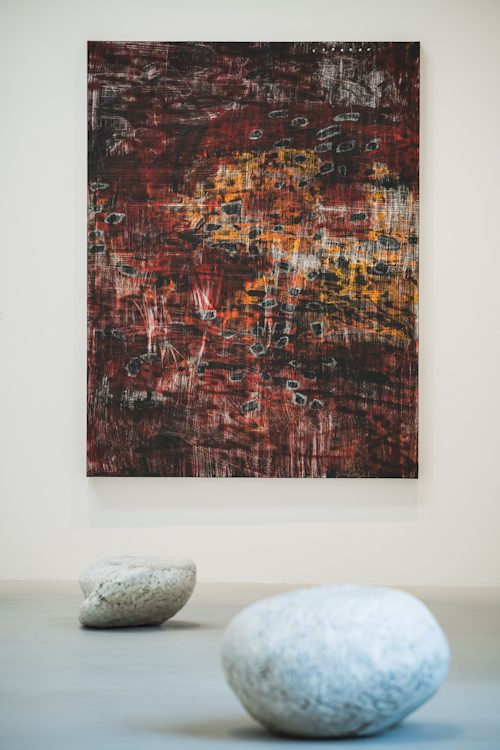 Laís Amaral, Le maître des arcanes (2025) and Solange Pessoa, Nihil Novi Sub Sole (2019–2021) in ERASURE at Goodwood Art Foundation. Photo by Toby Adamson.