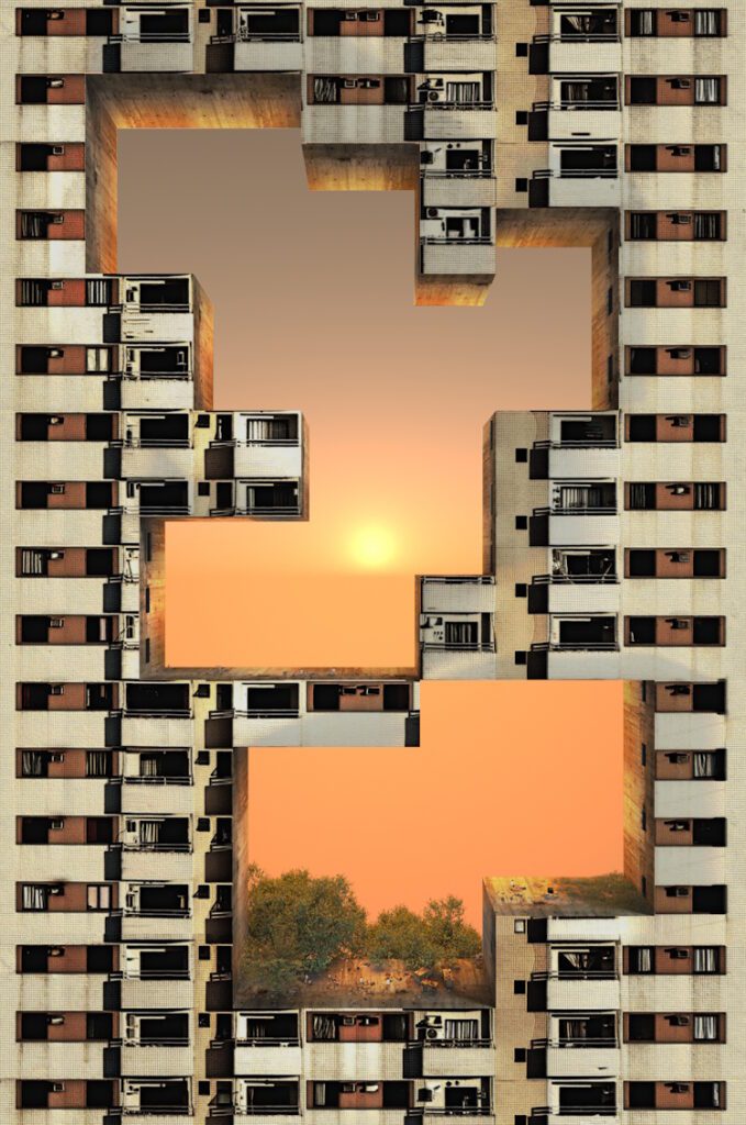 Yuange Sheng, Tetris Skyline - Sunset, Xinxiang Community, 2023. 3D Digital Modeling