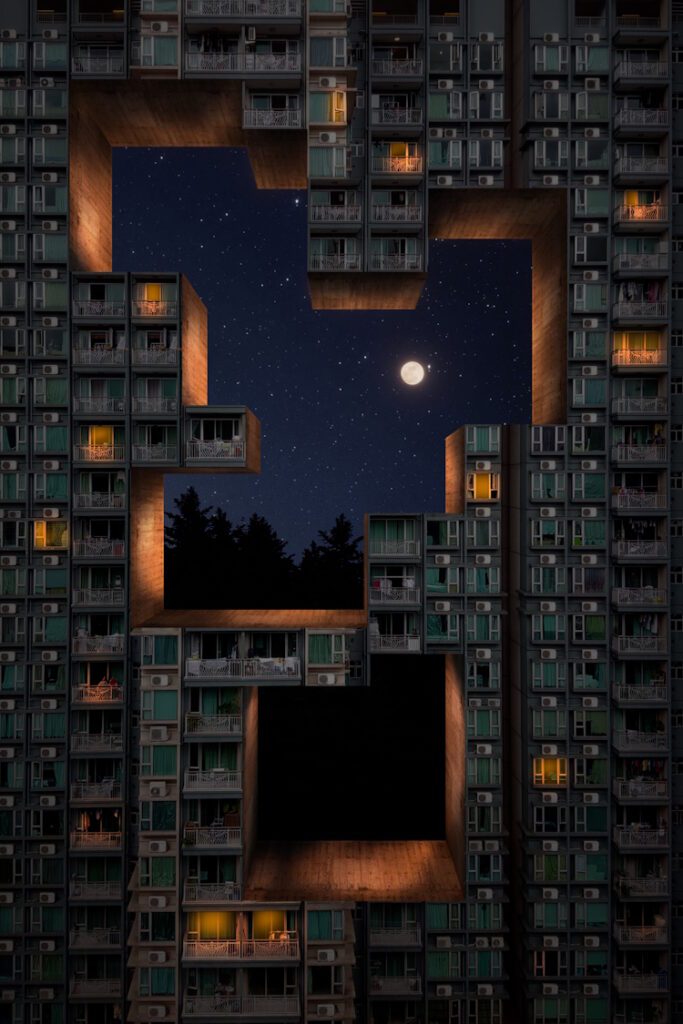 Yuange Sheng, Tetris Skyline - City Night, Xinxiang Community, 2023. 3D Digital Modeling