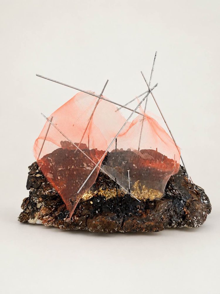 Yuange Sheng, Scaffolding 1, 2024. Foam board, expanding foam, mesh net, foil paper, UV glue, iron shaft, coating paint, paper, acrylic paint, filler. 45x40x30cm.