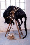 Abigail Norris Haegtesse (Withy and Taw) 2026 Faux fur, Latex, nylon, wadding, bio polymer, thread, rope on spool, child’s handkerchief, vintage ladder 110 x 150 x 124cms