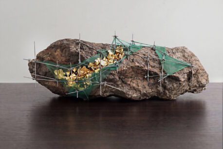Yuange Sheng, Scaffolding 3, 2024. Concrete, plaster, pigment, mesh textile, steel rods, and hand-formed wire. 14x41x23 cm