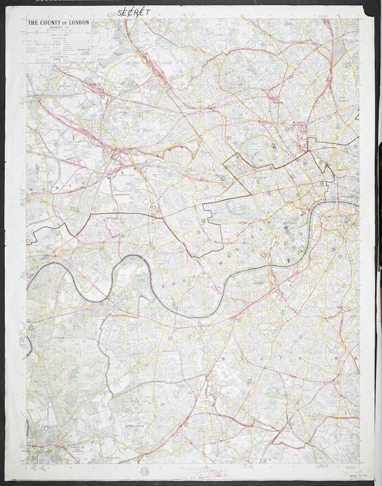 Secret plan of London, produced for the General Strike of 1926, that details vulnerable military installations, police posts and fire stations. Produced by the Ordnance Survey for the War Office, later transferred to the British Library from the Ministry of Defence.